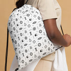 Person wearing a white drawstring bag with black 7short 1 long patterns on a tanker ship