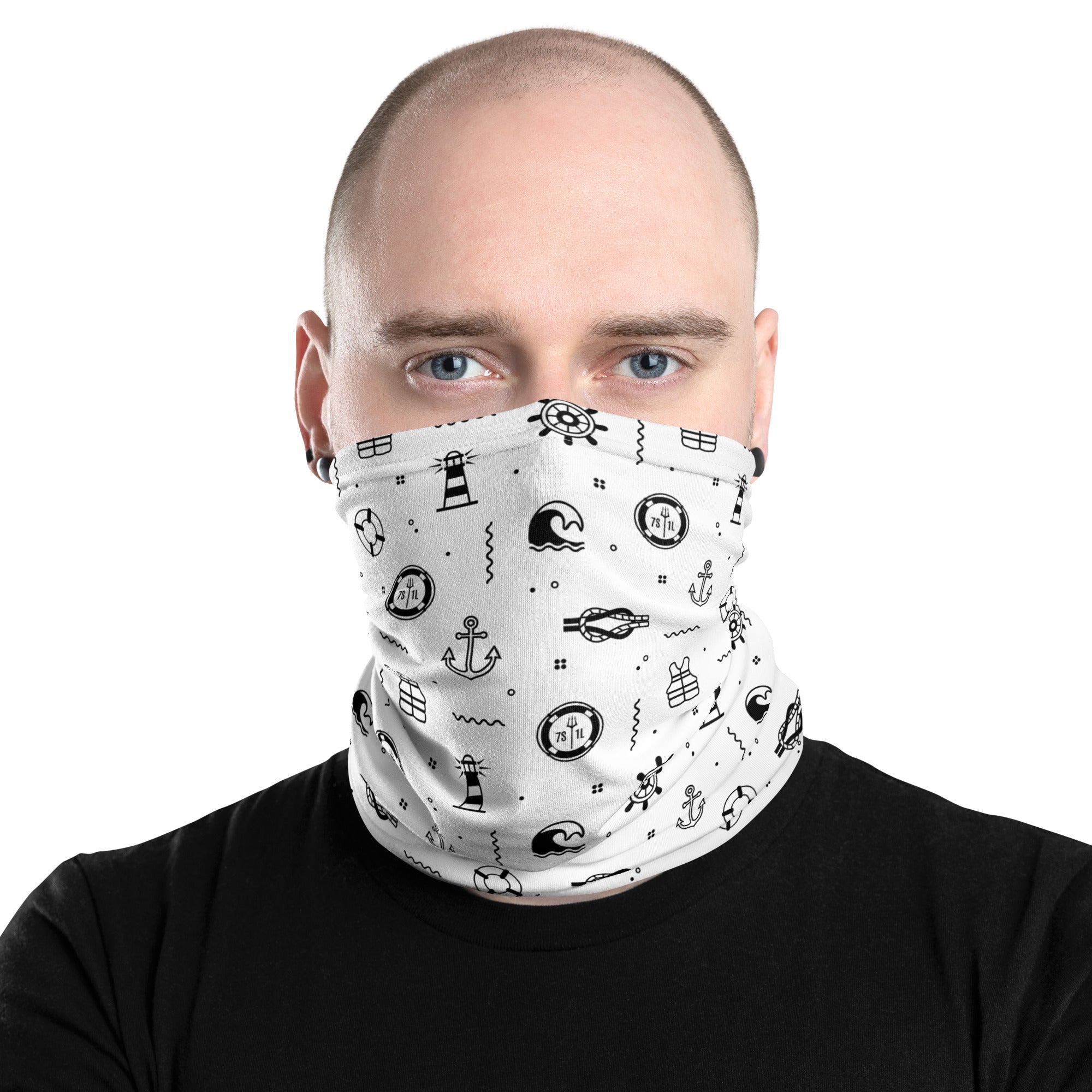 Deck Maintenance Neck Gaiter with maritime symbols in white, designed for crew members during deck work, painting, sanding, and maintenance tasks at sea. Main image