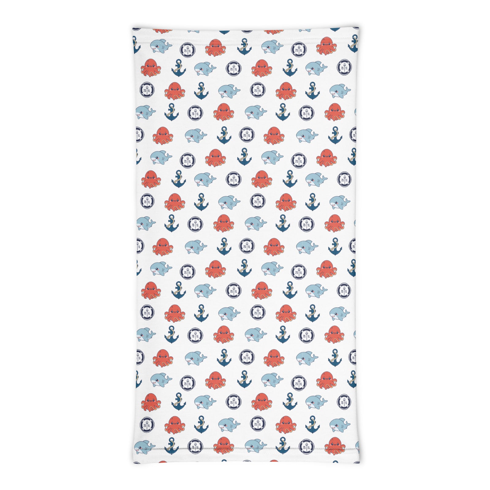 Maritime Shark & Octopus Ocean Party Neck Gaiter in white, front view