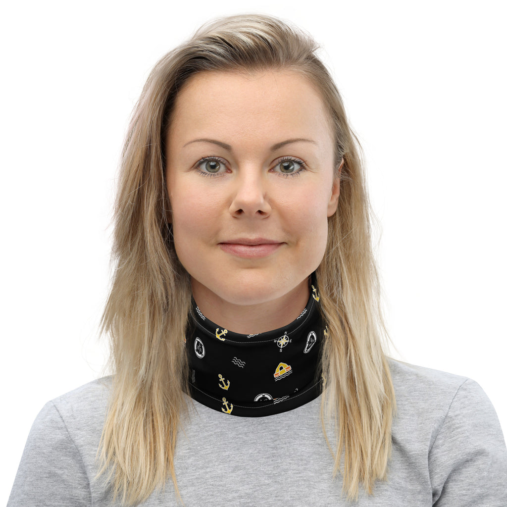 Maritime neck gaiter in black with Safety at Sea design featuring Seven Short One Long emergency signal symbols, made for seafarers and crew members.