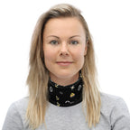 Maritime neck gaiter in black with Safety at Sea design featuring Seven Short One Long emergency signal symbols, made for seafarers and crew members.