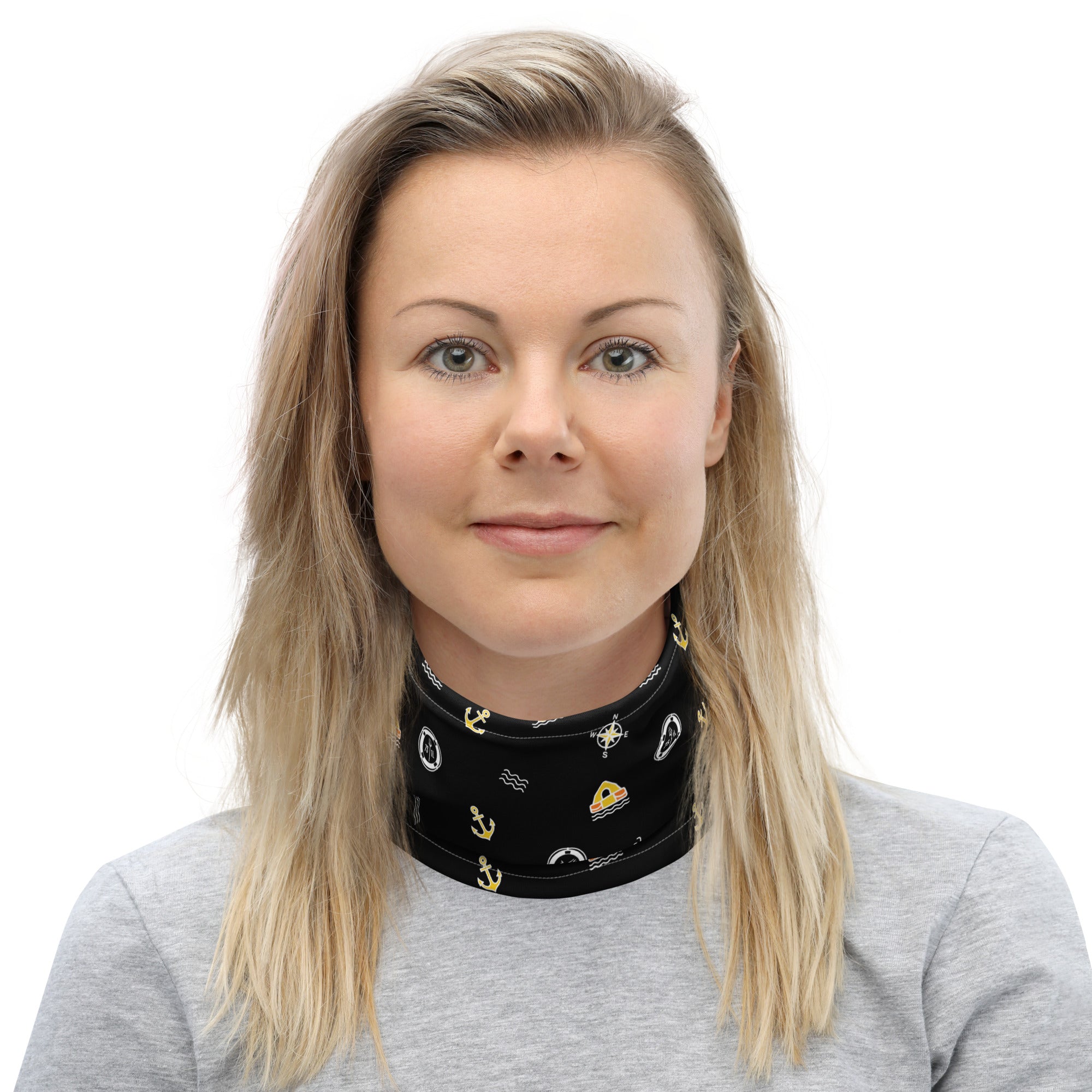 Maritime neck gaiter in black with Safety at Sea design featuring Seven Short One Long emergency signal symbols, made for seafarers and crew members.