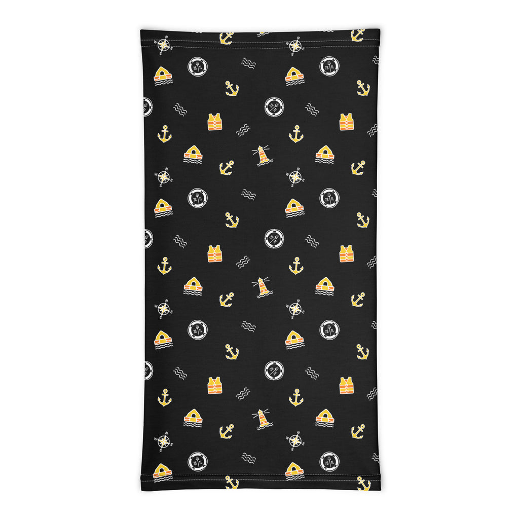 Maritime neck gaiter in black with Safety at Sea design featuring Seven Short One Long emergency signal symbols, made for seafarers and crew members.