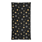 Maritime neck gaiter in black with Safety at Sea design featuring Seven Short One Long emergency signal symbols, made for seafarers and crew members.