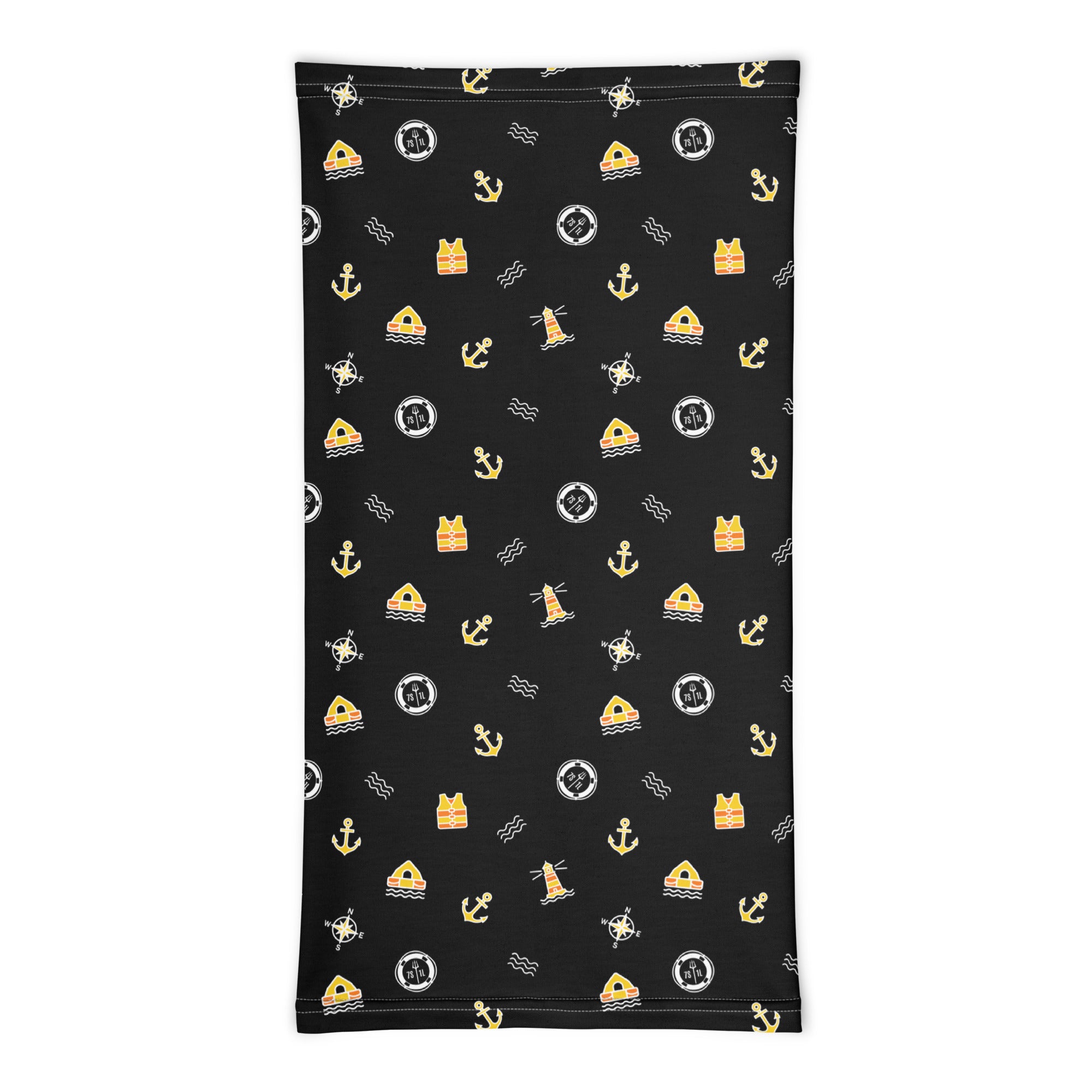 Maritime neck gaiter in black with Safety at Sea design featuring Seven Short One Long emergency signal symbols, made for seafarers and crew members.