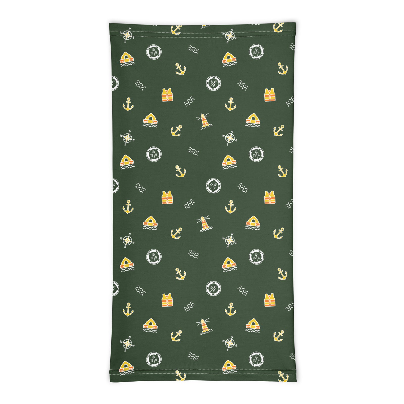 7SHORT1LONG® Ocean Adventure nautical pattern neck gaiter with all-over print in white, featuring maritime-inspired design.