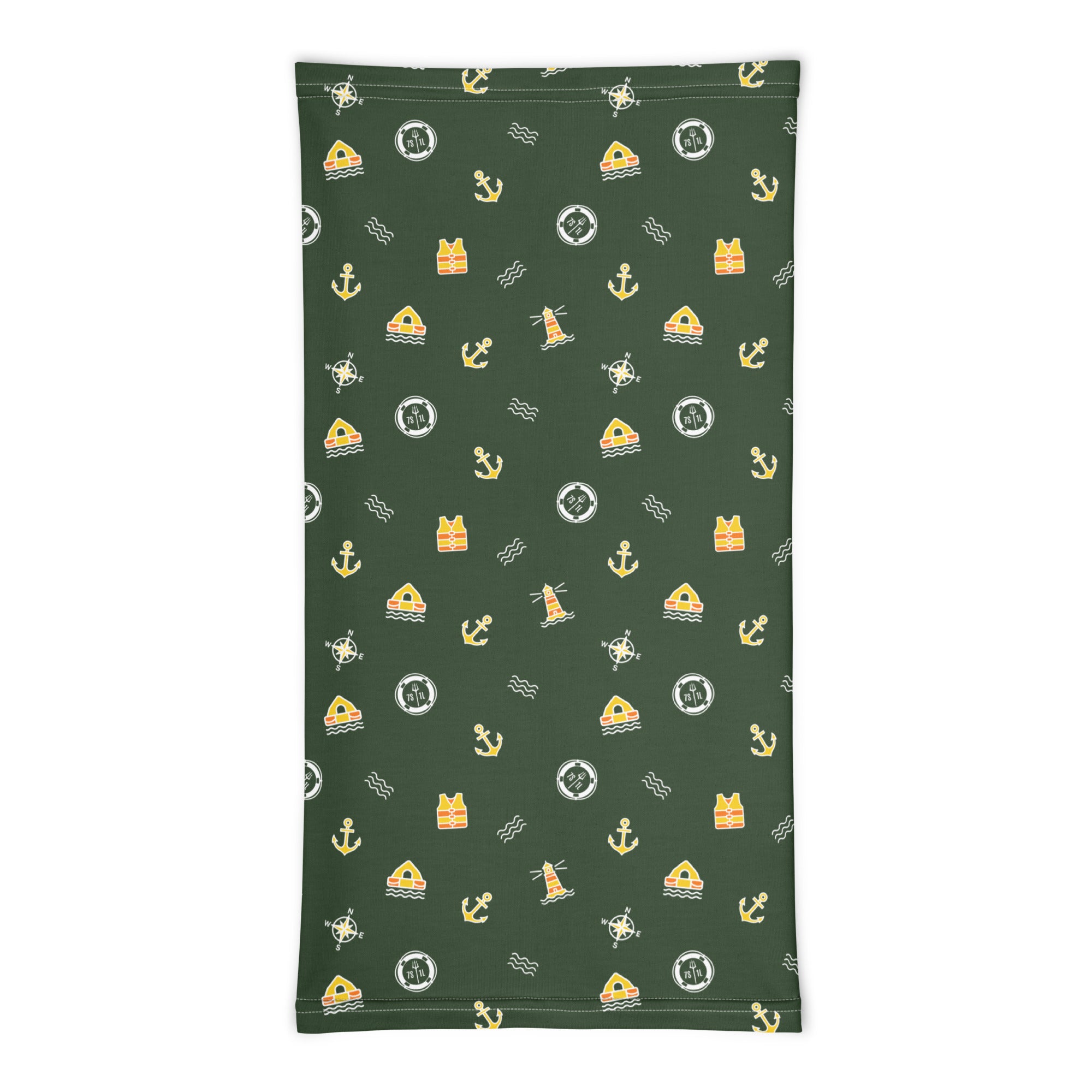 7SHORT1LONG® Ocean Adventure nautical pattern neck gaiter with all-over print in white, featuring maritime-inspired design.