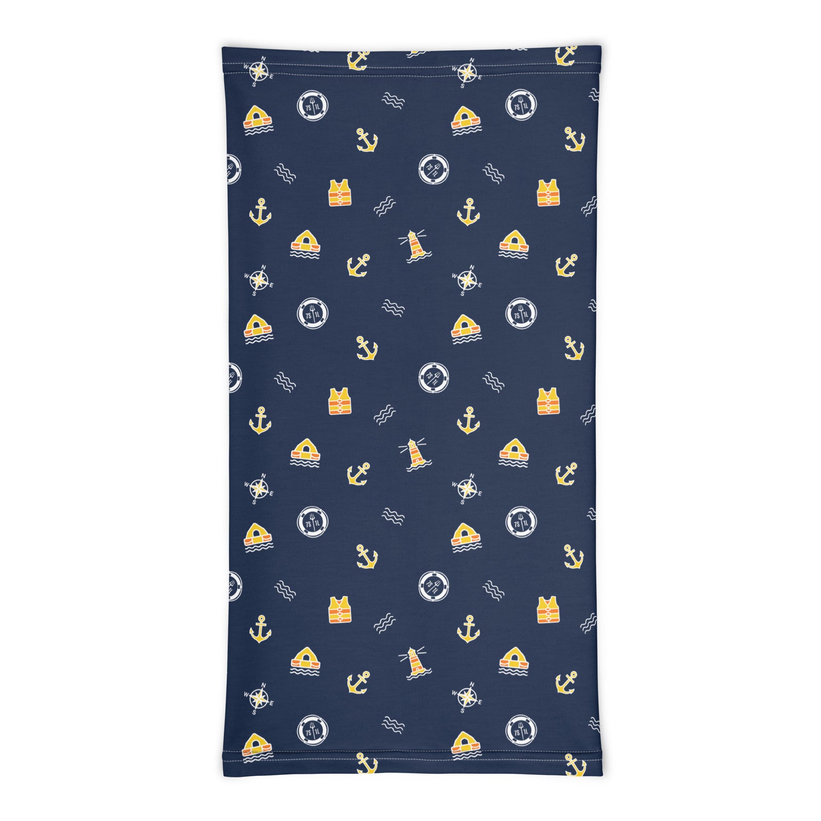 White nautical seafarer neck gaiter with all-over print by 7SHORT1LONG® featuring maritime-themed design.