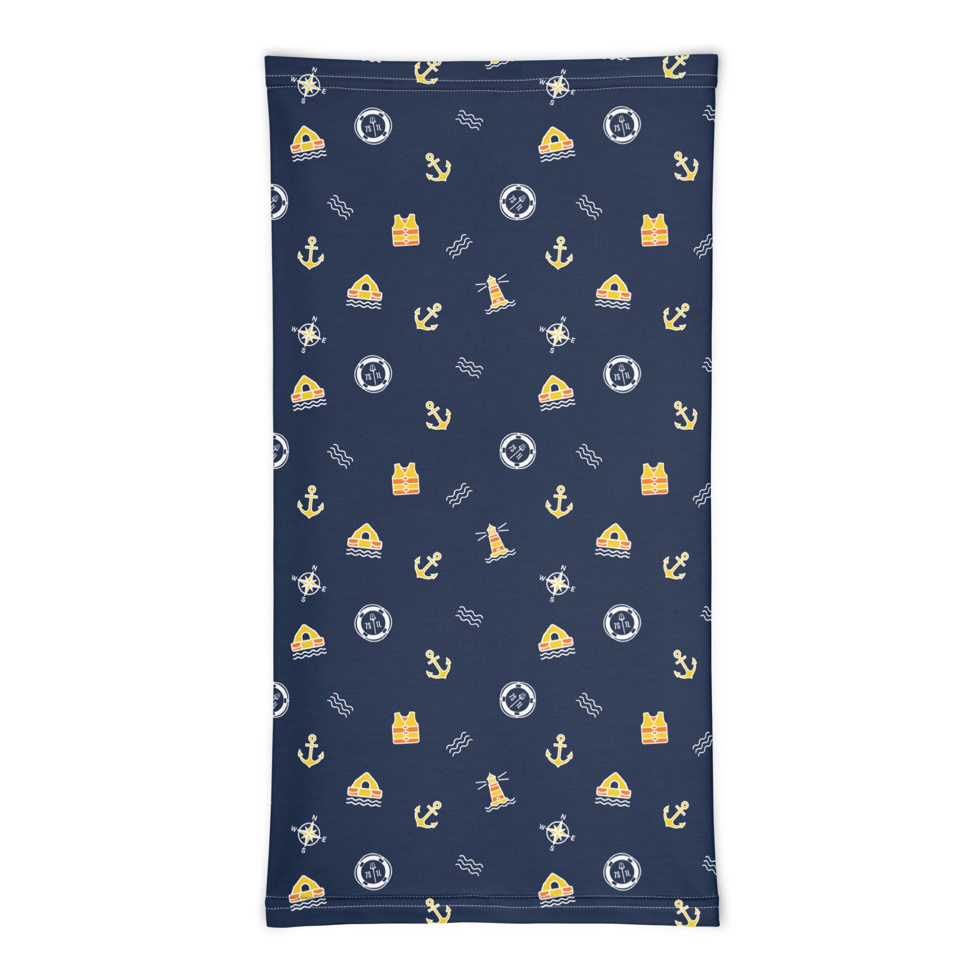 White nautical seafarer neck gaiter with all-over print by 7SHORT1LONG® featuring maritime-themed design.