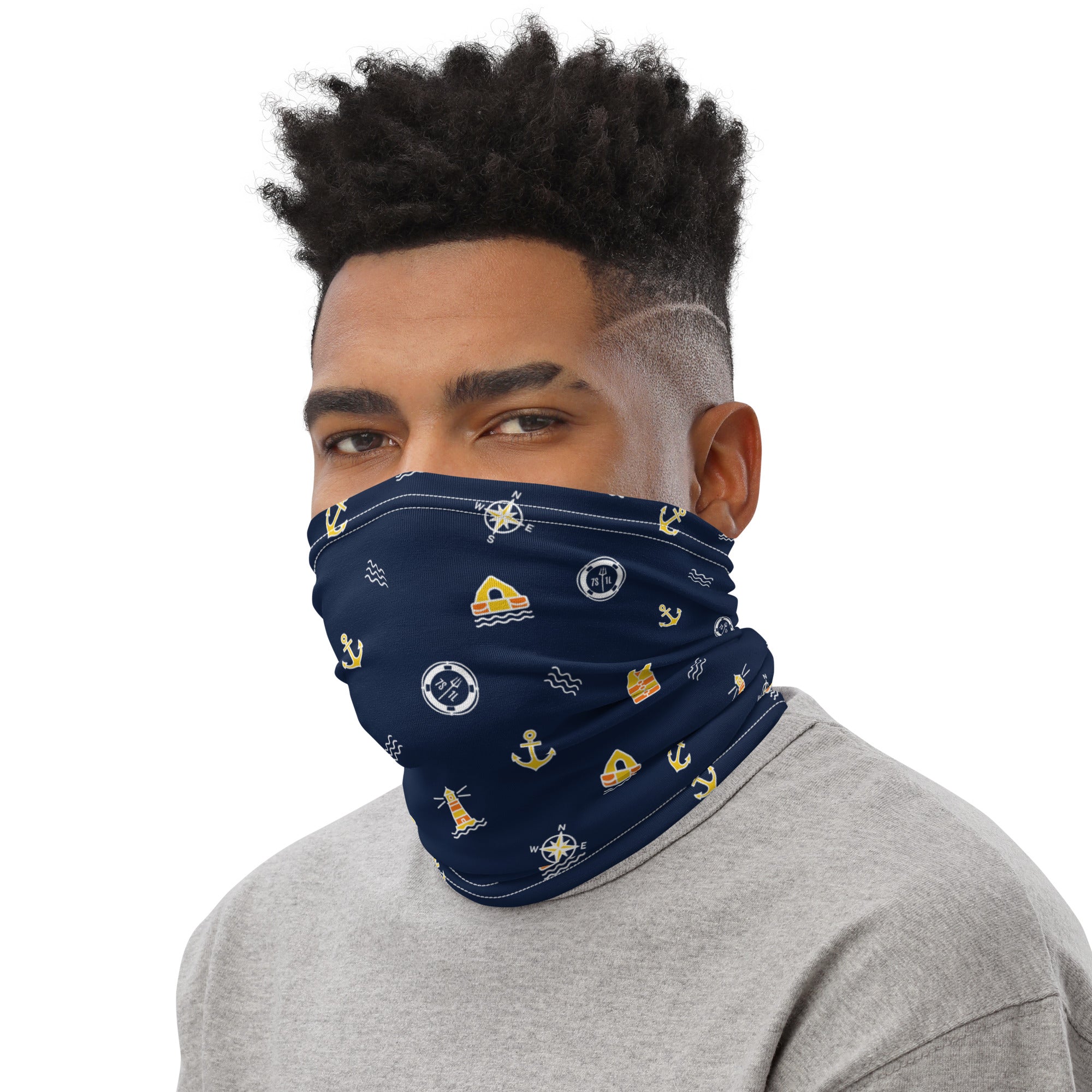 Maritime neck gaiter color navy with Safety at Sea design featuring Seven Short One Long emergency signal symbols, made for seafarers and crew members. Main image