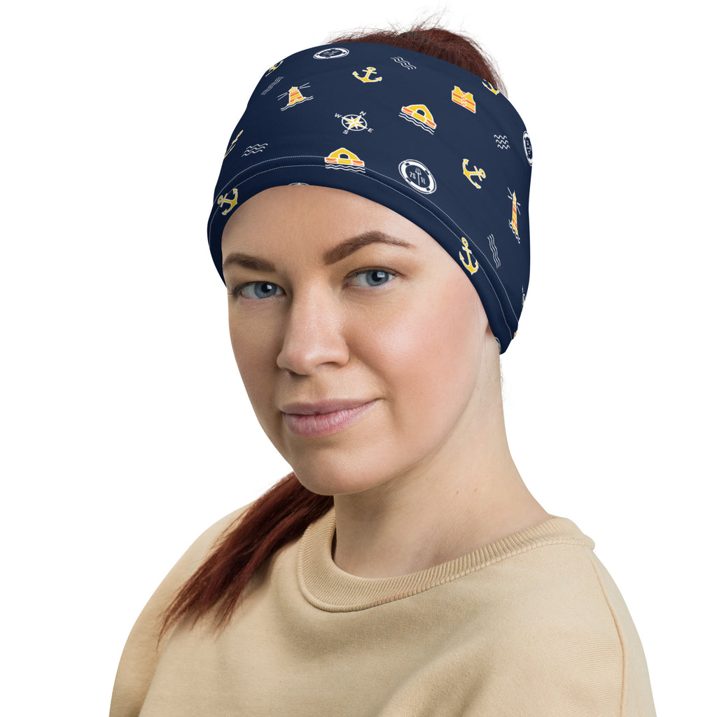 7SHORT1LONG® Buson Ship Nautical Seafarer neck gaiter with all-over nautical print on white fabric, versatile face and neck covering