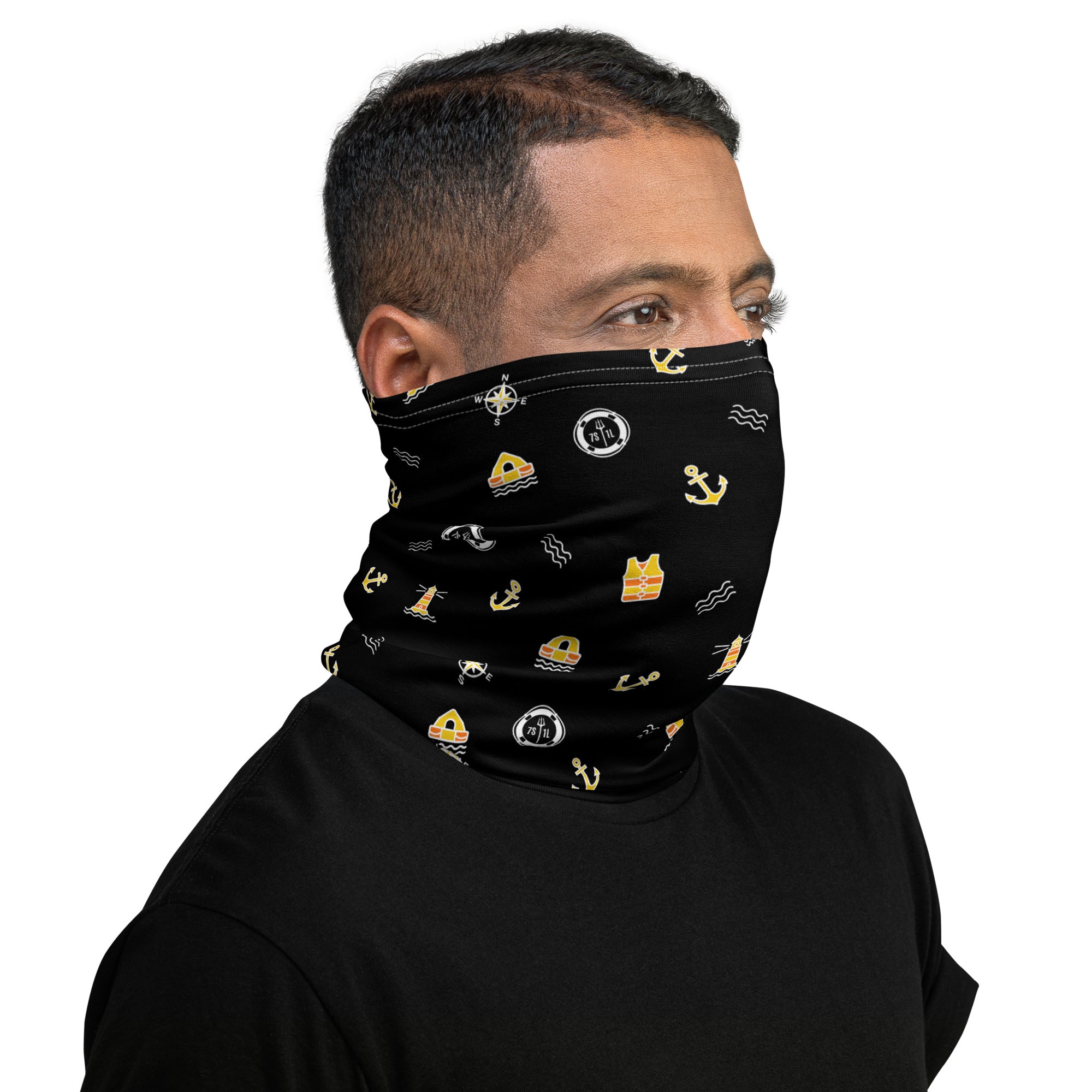 Maritime neck gaiter in black with Safety at Sea design featuring Seven Short One Long emergency signal symbols, made for seafarers and crew members. Main image