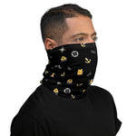 Maritime neck gaiter in black with Safety at Sea design featuring Seven Short One Long emergency signal symbols, made for seafarers and crew members.