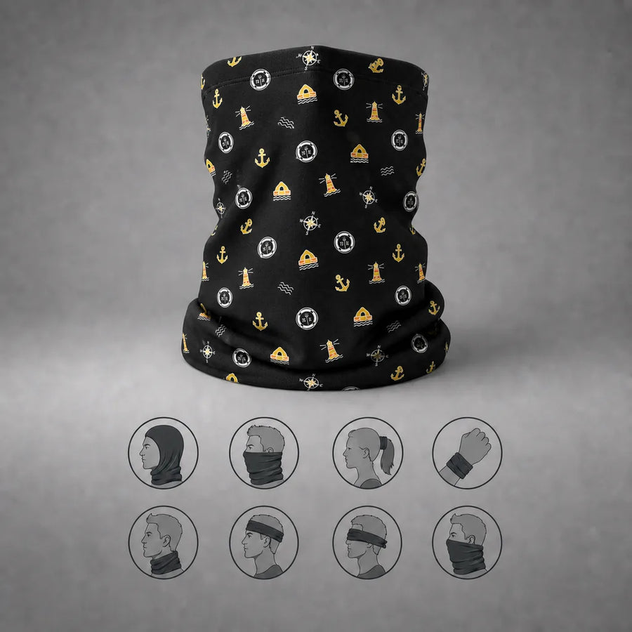 Black anchor crew neck gaiter with yellow and orange safety pattern, upright front view with eight wearing-style icons.