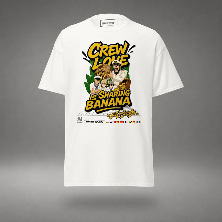 Anime Crew Humor T-Shirt: Crew Love Is Sharing Banana in White, front view, floating over a gray studio floor.