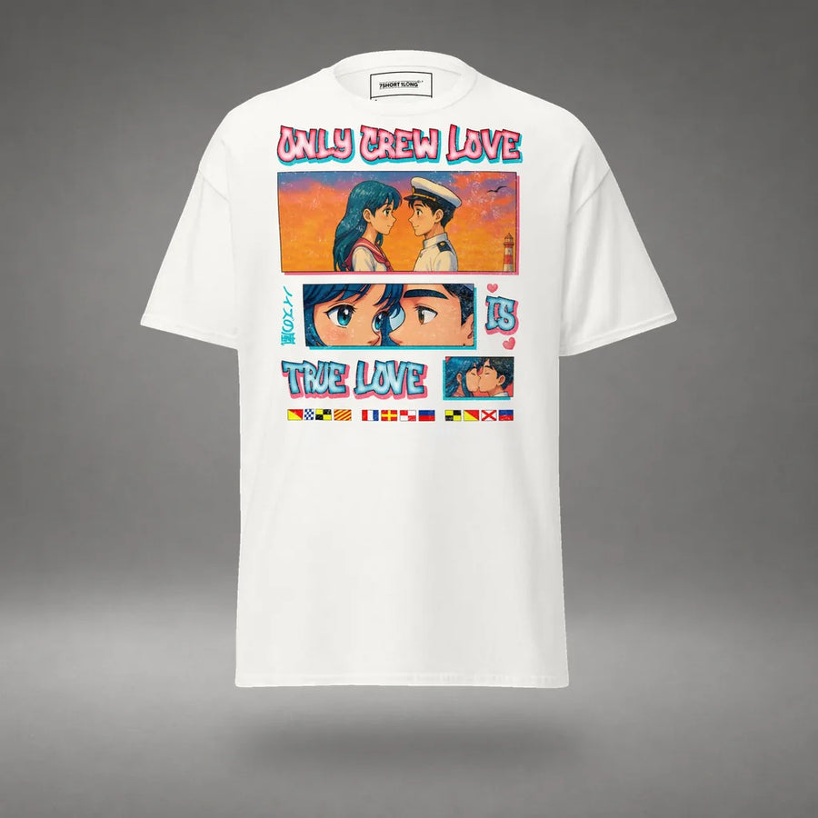Anime Sailor T-Shirt: Only Crew Love Is True Love in White, featured product view, floating over a gray studio floor.