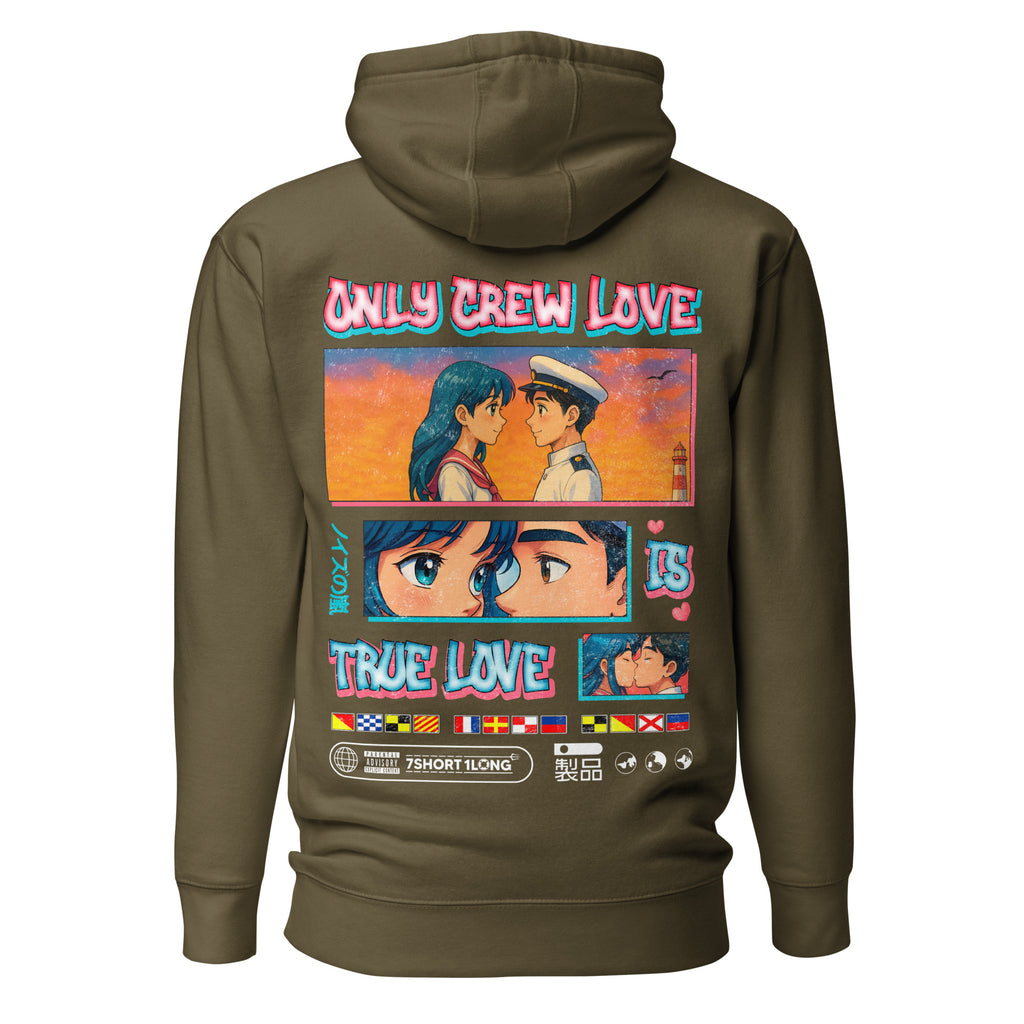 Seafarer Anime Crew Love Is True Love hoodie by 7SHORT1LONG® featuring nautical and anime-inspired design in soft fabric.