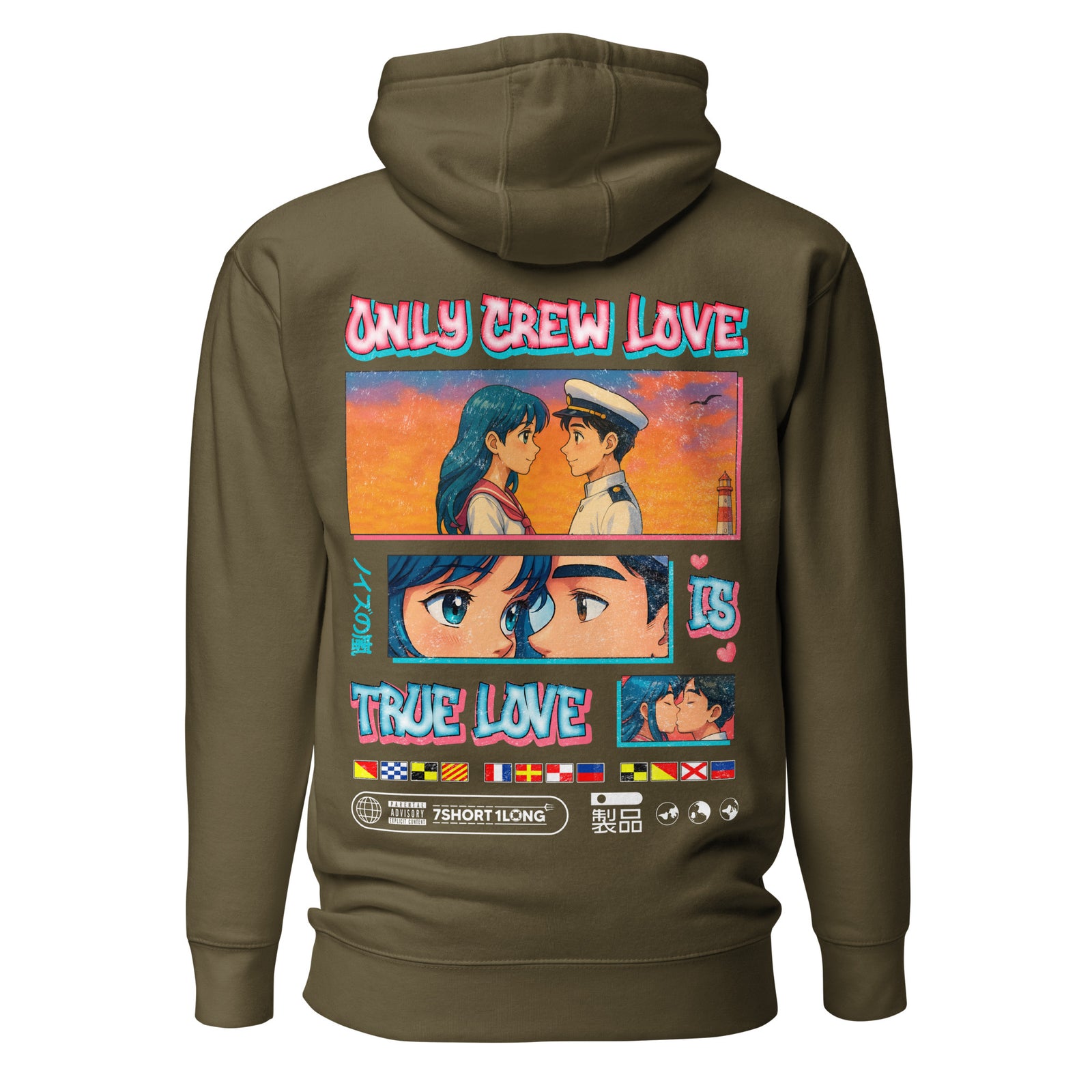 Seafarer Anime Crew Love Is True Love hoodie by 7SHORT1LONG® featuring nautical and anime-inspired design in soft fabric.