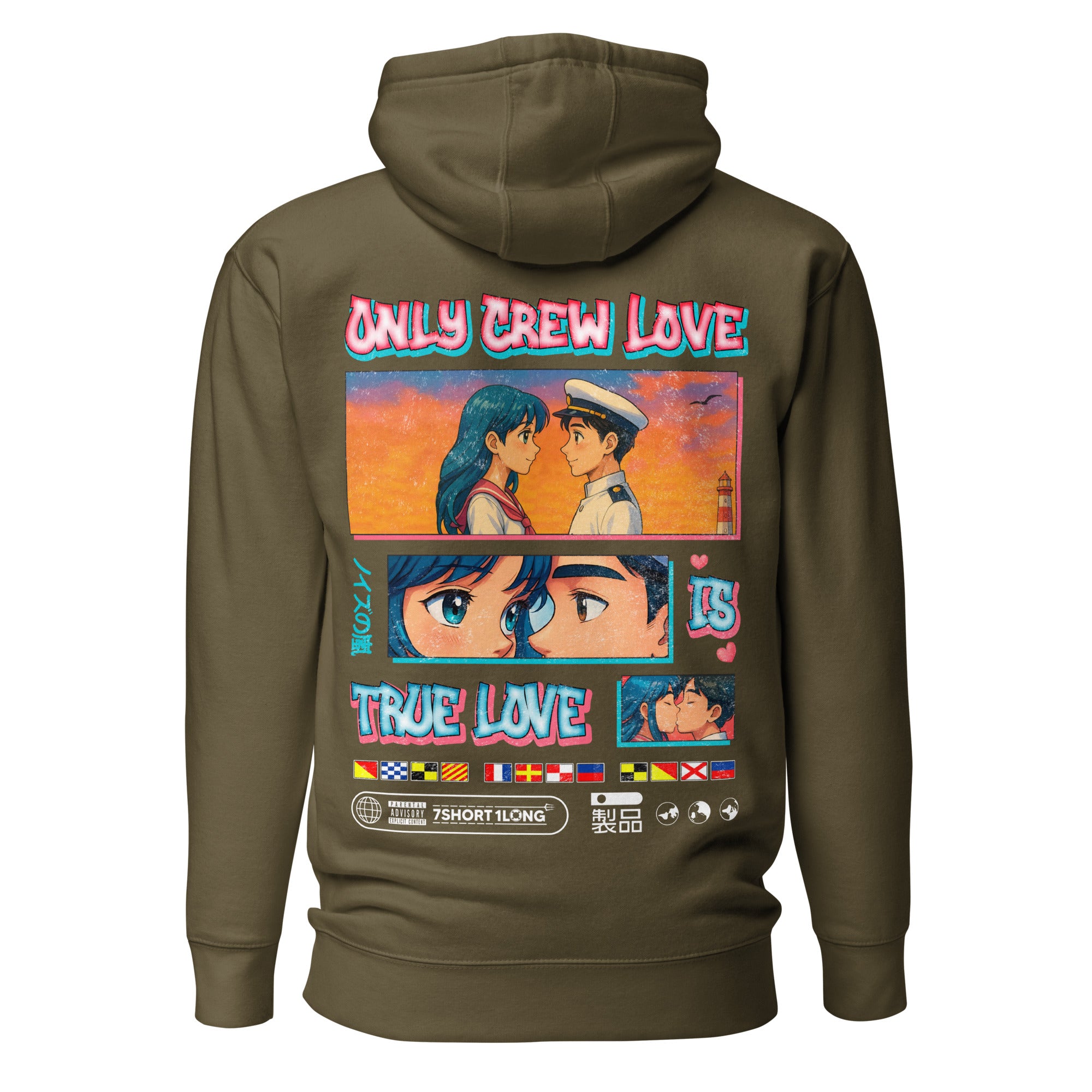 Seafarer Anime Crew Love Is True Love hoodie by 7SHORT1LONG® featuring nautical and anime-inspired design in soft fabric.