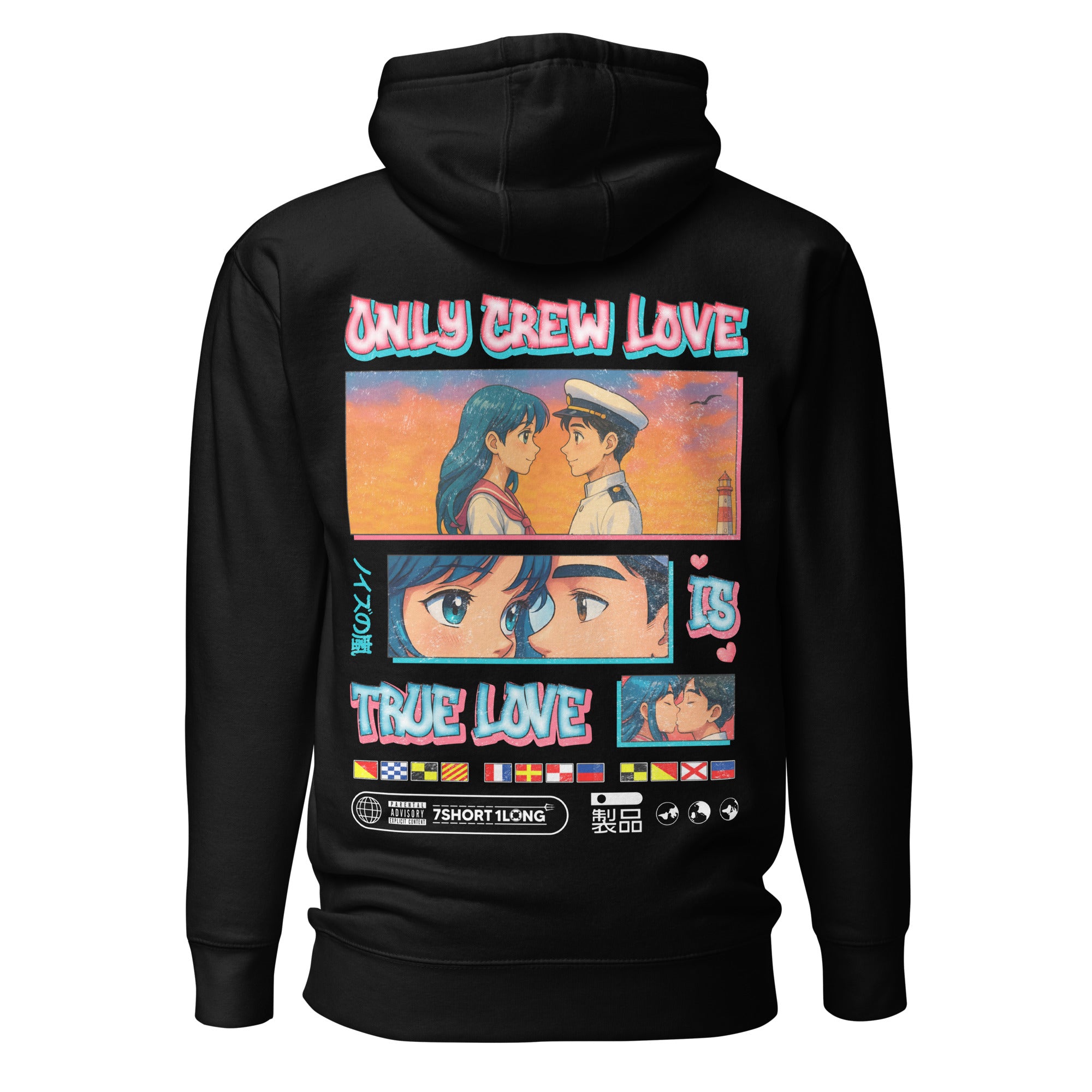 Seafarer Anime Crew Love Is True Love Hoodie by 7SHORT1LONG® featuring sailor-themed design and comfortable fabric. Main image