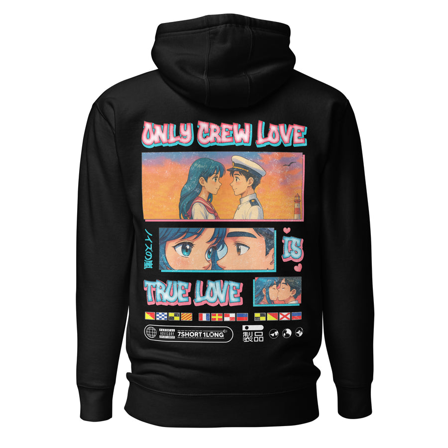 Seafarer Anime Crew Love Is True Love Hoodie by 7SHORT1LONG® featuring sailor-themed design and comfortable fabric.