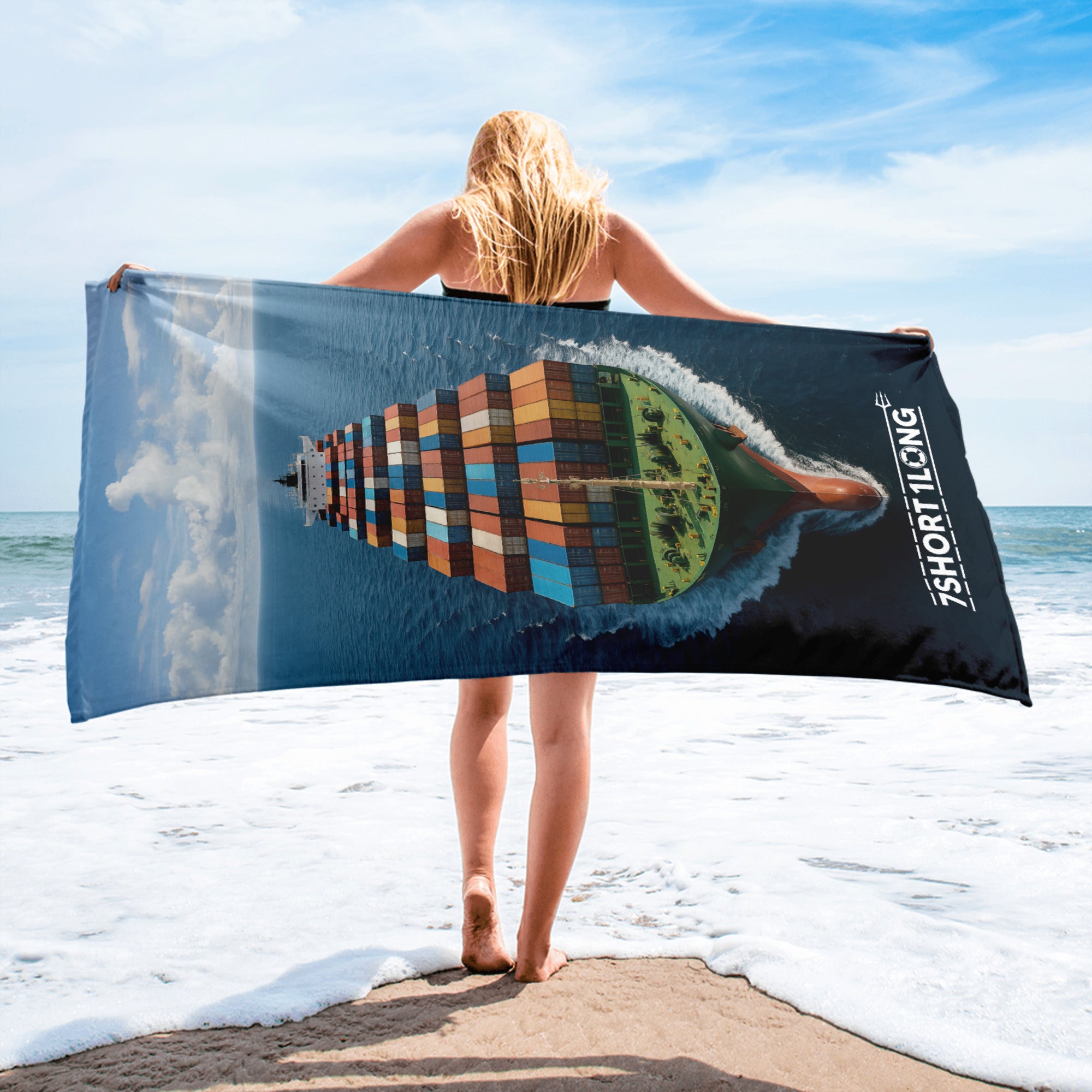 Ocean Titan Container Ship beach towel by 7SHORT1LONG®, featuring a cargo vessel view in white, 30x60 inches, perfect for beach days.
