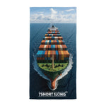 Towel with a design of a ship made of shipping containers on a blue background