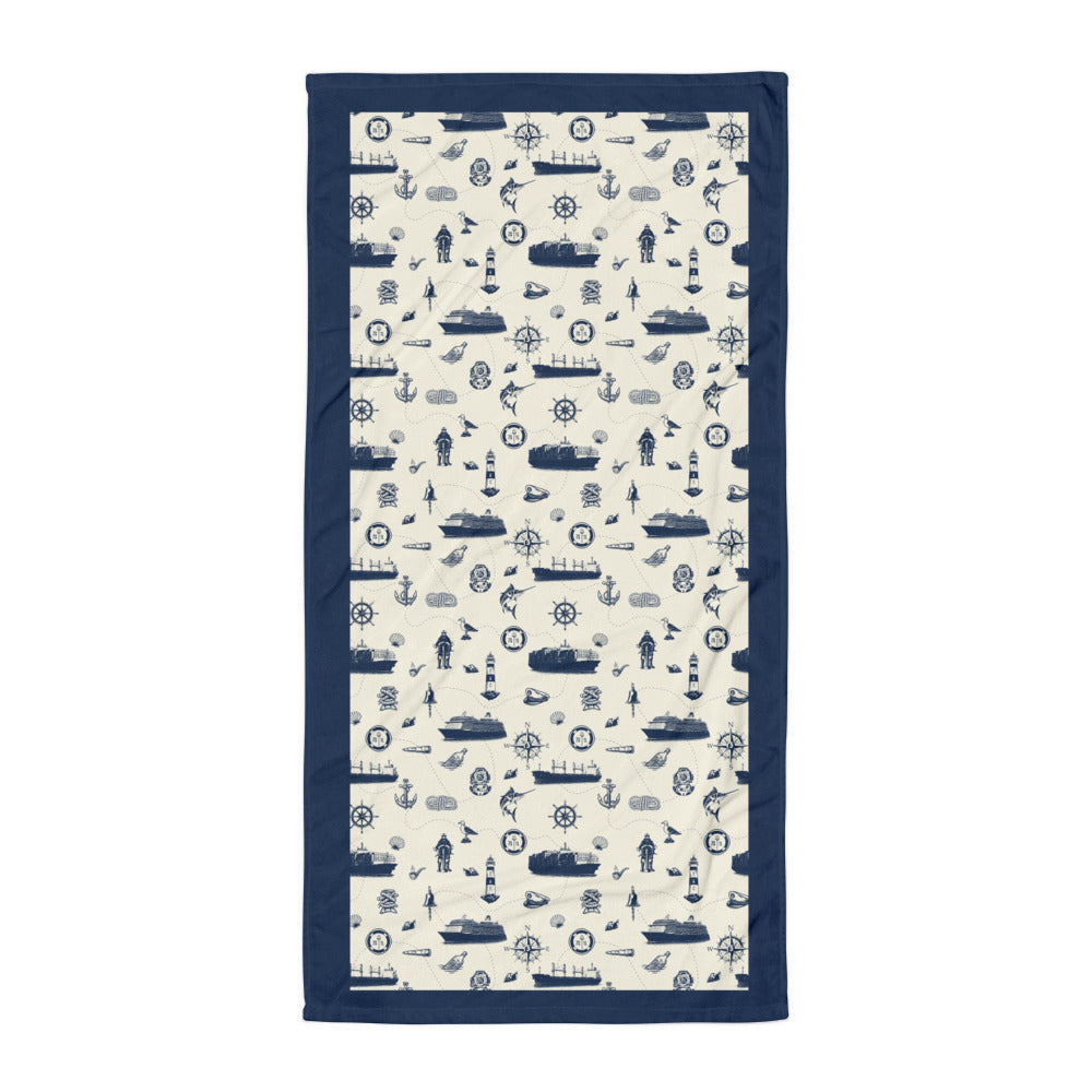 Nautical-themed towel with blue border on a white background