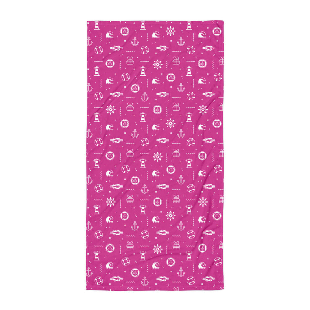 Pink towel with white icons of the sea on a white background