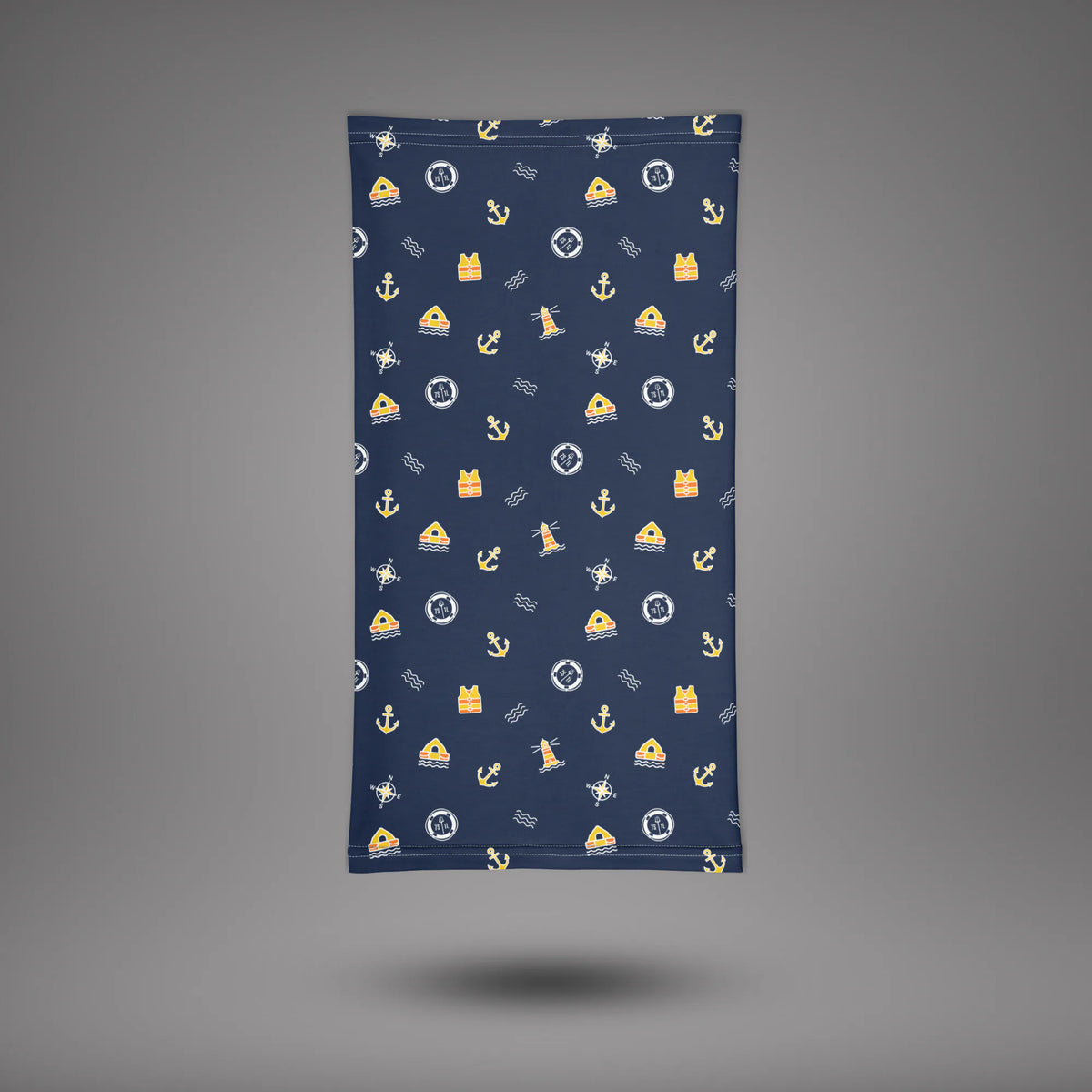 Bosun Ship neck gaiter laid flat, navy fabric with gold nautical icons