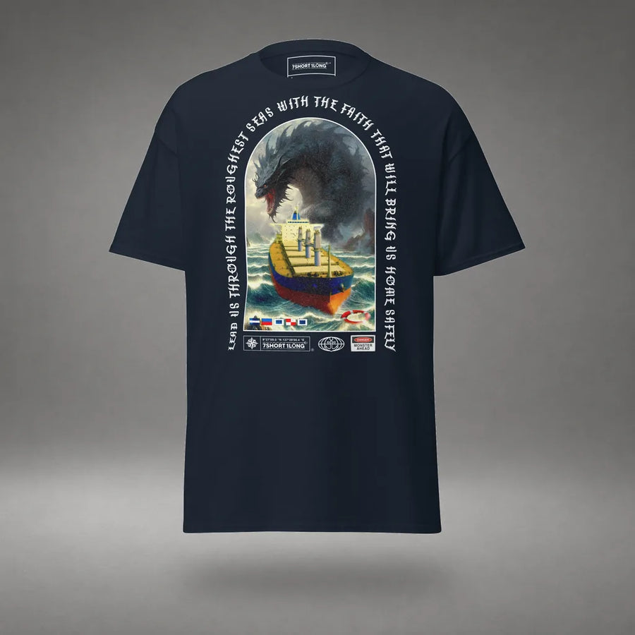 Bulk Carrier T-Shirt Ocean Monster Attack in Navy, front view, floating over a gray studio floor.