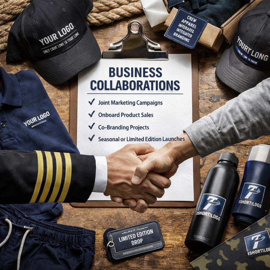 Collaboration between two parties with branded merchandise and a document titled 'Business Collaborations'.