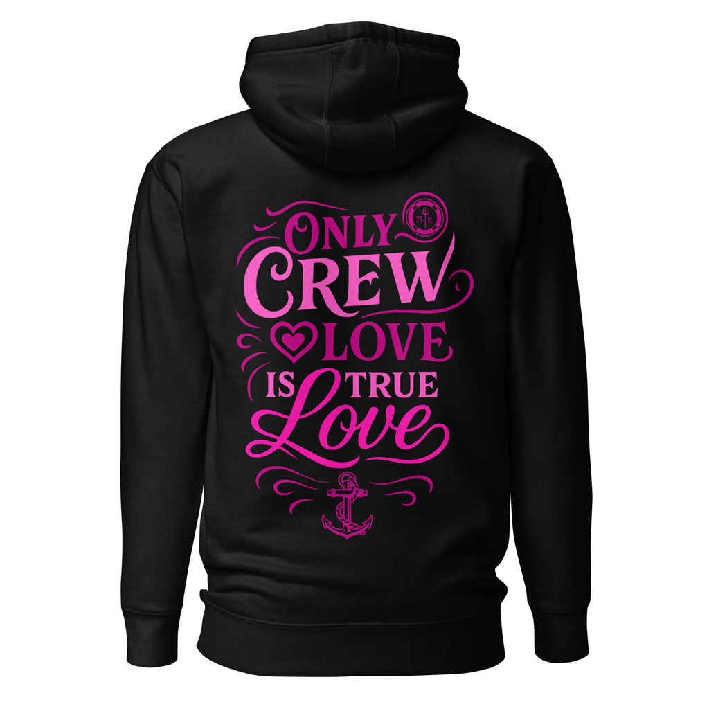 Nautical-themed love calligraphy design on 7SHORT1LONG® Crew Love Hoodie, showcasing stylish streetwear with artistic lettering.