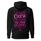 Nautical-themed love calligraphy design on 7SHORT1LONG® Crew Love Hoodie, showcasing stylish streetwear with artistic lettering.