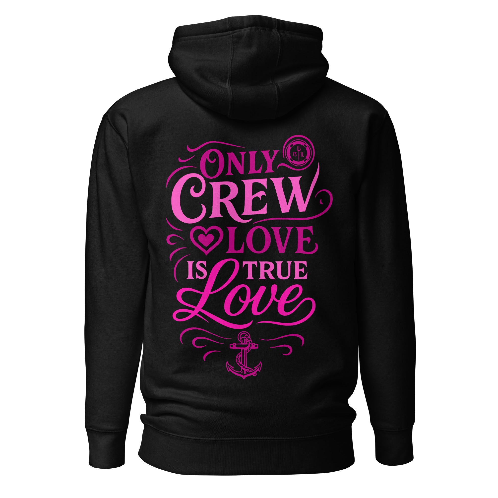 Nautical-themed love calligraphy design on 7SHORT1LONG® Crew Love Hoodie, showcasing stylish streetwear with artistic lettering.