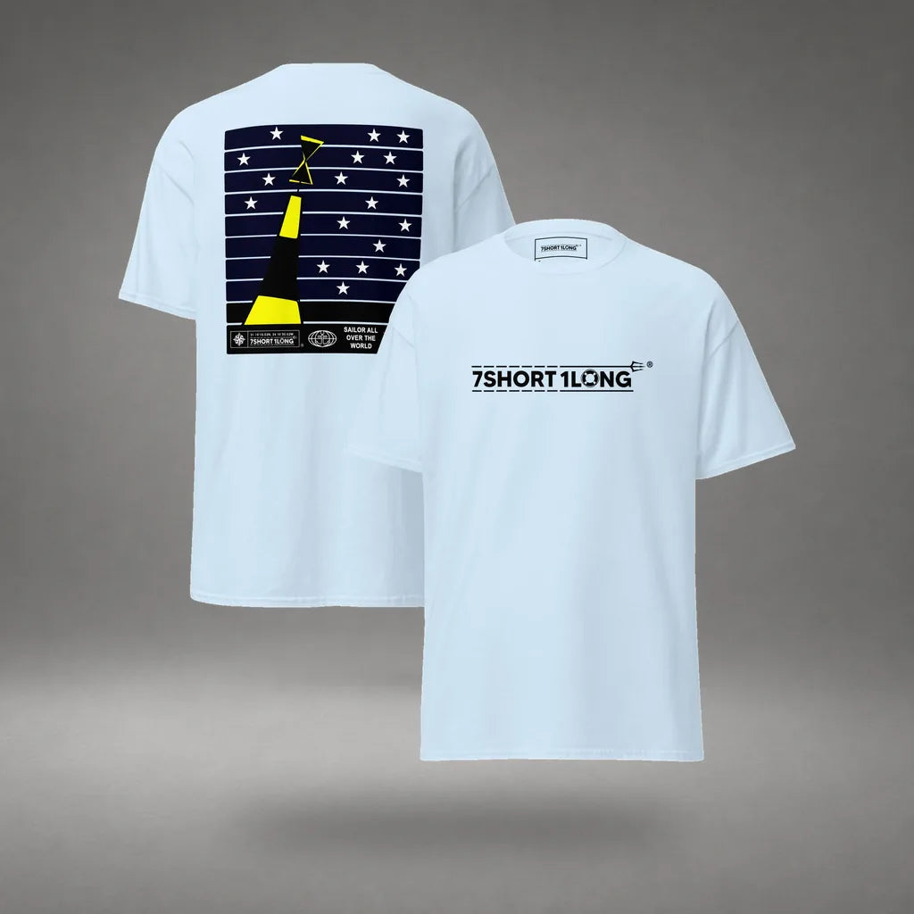 Cardinal Sign Nautical T-Shirt Deck Crew Navigation in Light Blue, front and back view, floating over a gray studio floor.