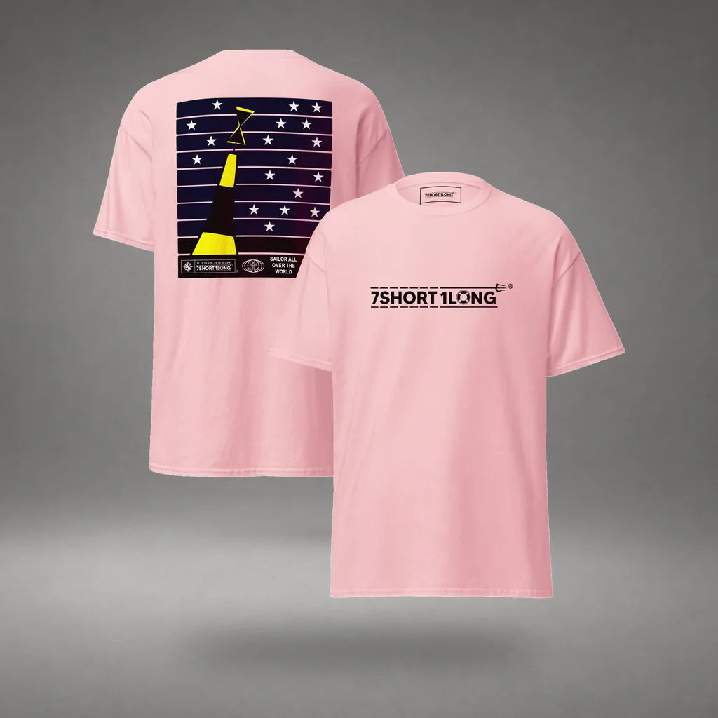 Cardinal Sign Nautical T-Shirt Deck Crew Navigation in Light Pink, front and back view, floating over a gray studio floor.