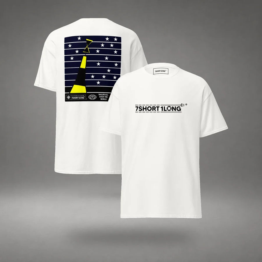 Cardinal Sign Nautical T-Shirt Deck Crew Navigation in White, front and back view, floating over a gray studio floor.