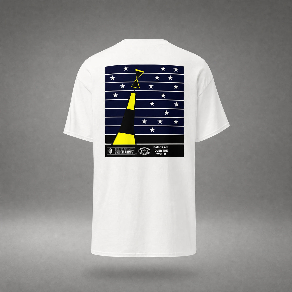 Back of the white Cardinal Sign T-shirt: a tilted yellow and black cardinal buoy with its cone topmark on a navy panel of stars.
