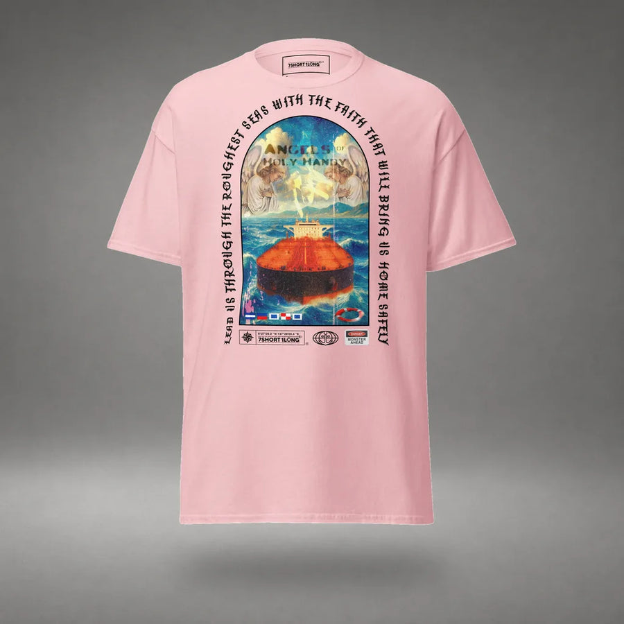 Christian Angel Protection Tanker T-Shirt in Light Pink, front view, floating over a gray studio floor.