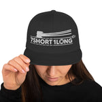 Black Snapback cap with 7-Shot-One-Long logo and mooring lines design, inspired by ship mooring operations and bringing lines ashore, adjustable snapback closure.