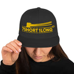 Snapback cap with 7-Shot-One-Long logo and mooring lines design, inspired by ship mooring operations and bringing lines ashore, adjustable snapback closure.
