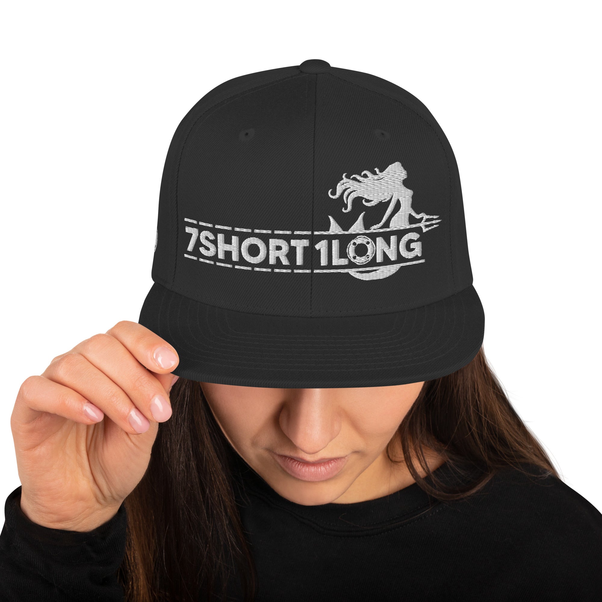Black Snapback cap with 7-Shot-One-Long logo and mermaid design, inspired by maritime folklore and seafaring culture. Main image