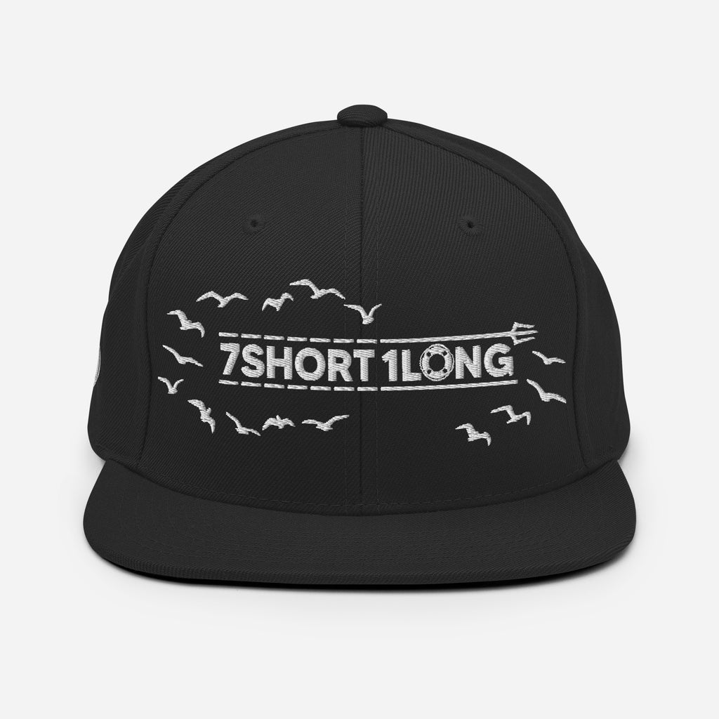 Black Seafarer Cap with 7SHORT1LONG logo and birds embroidery, minimal marine streetwear flat brim hat