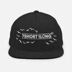 Black Seafarer Cap with 7SHORT1LONG logo and birds embroidery, minimal marine streetwear flat brim hat