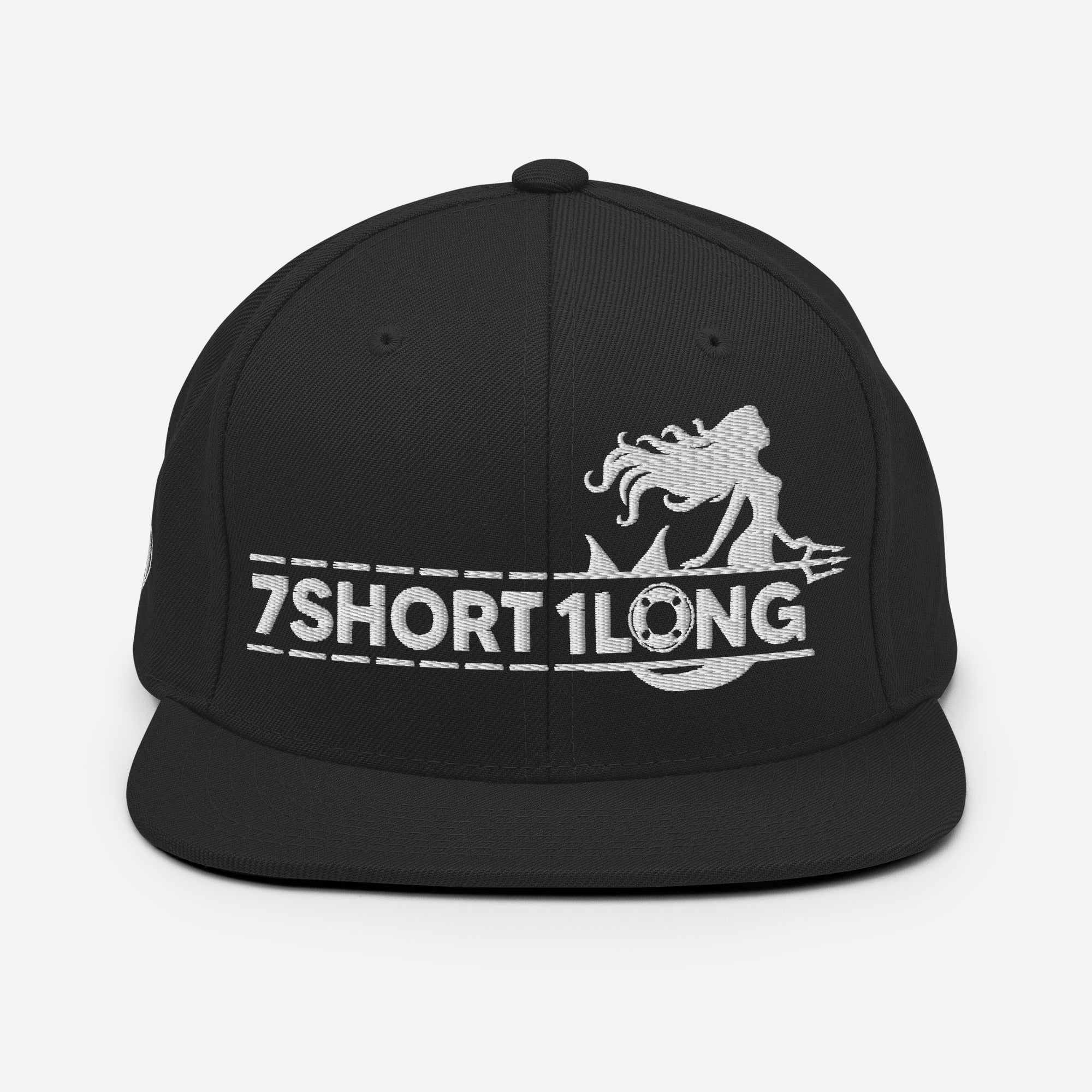 Seafarer Maritime Mermaid Snapback Cap by 7SHORT1LONG® in black with a front maritime mermaid design and adjustable strap.