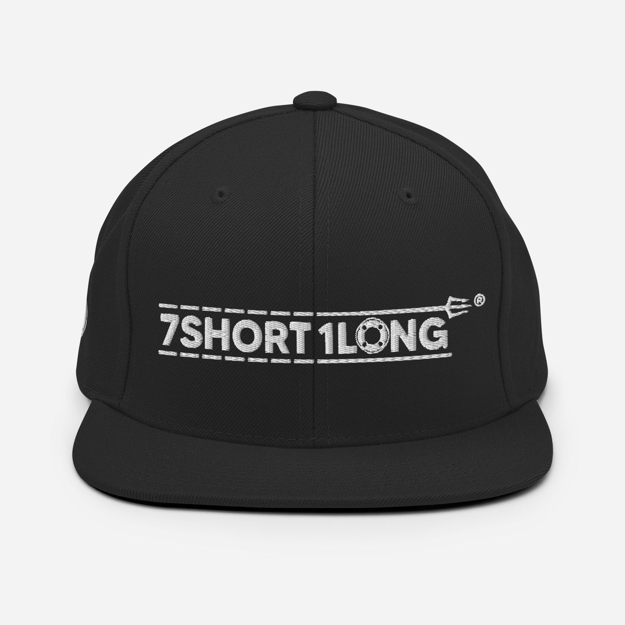 Black Seafarer Cap with 7SHORT1LONG embroidered logo, flat brim structured streetwear hat front view