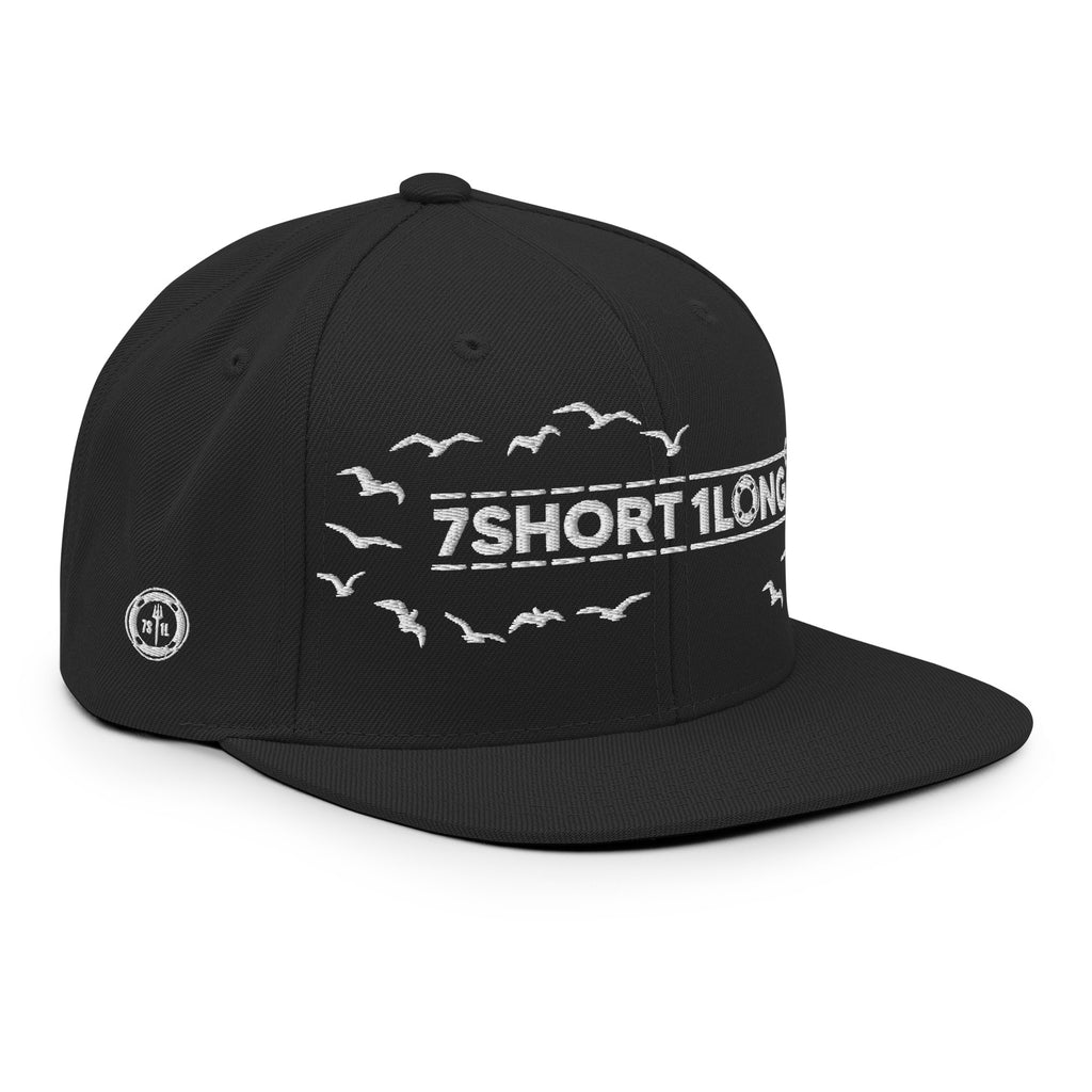 Black Seafarer Cap angled view with flying seagulls design, seafarer crew inspired snapback cap