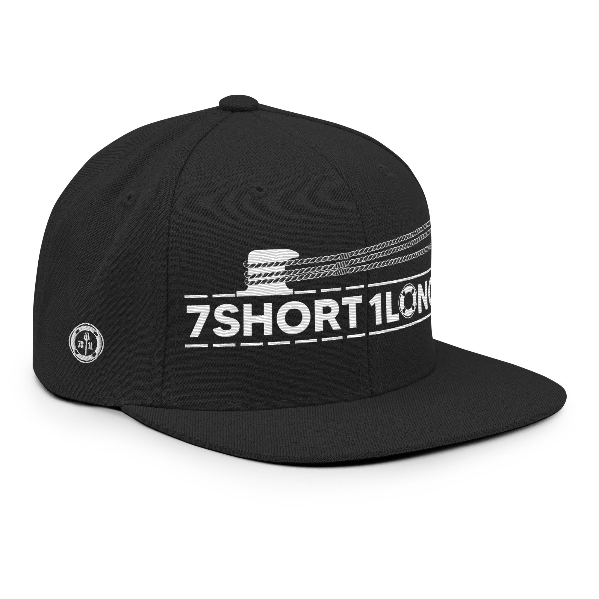 Black Deck Hand Seafarer Nautical Snapback Cap by 7SHORT1LONG®, showing the front and right side view with nautical design details.