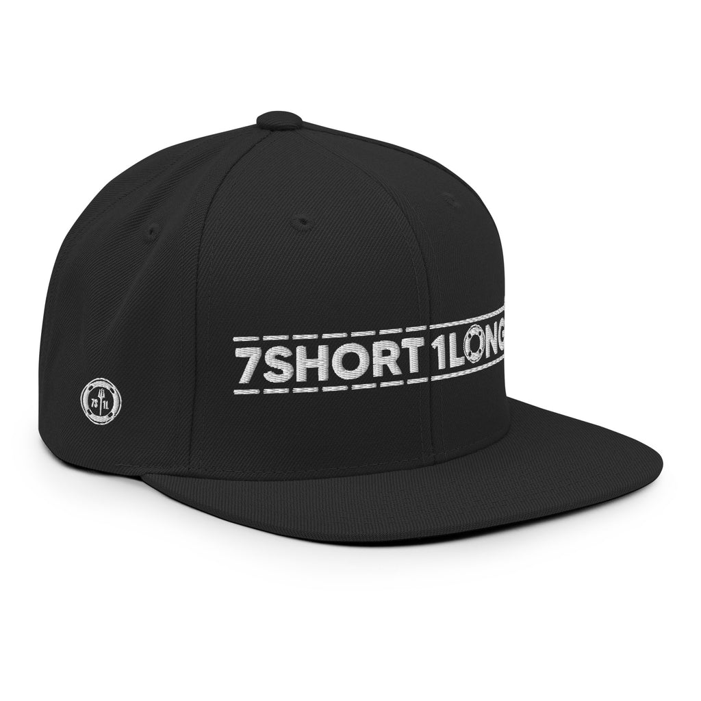 Black Seafarer Cap 7SHORT1LONG logo detail, premium fitted snapback hat angled side view